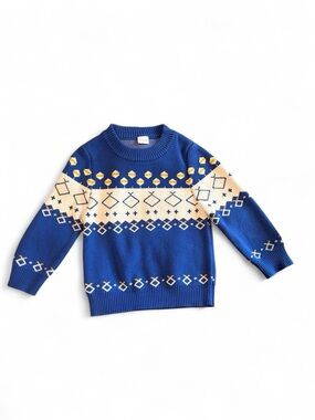 Blue Fair Isle Knit Sweater with Cream & Yellow Pattern